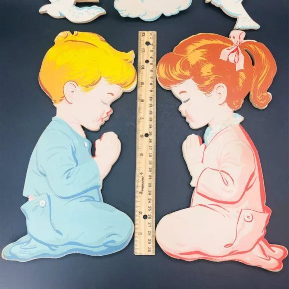 50s Dolly Toy Co Praying Kids Pressed Cardboard Wall Hangings Set Vintage Kitsch - Picture 14 of 14